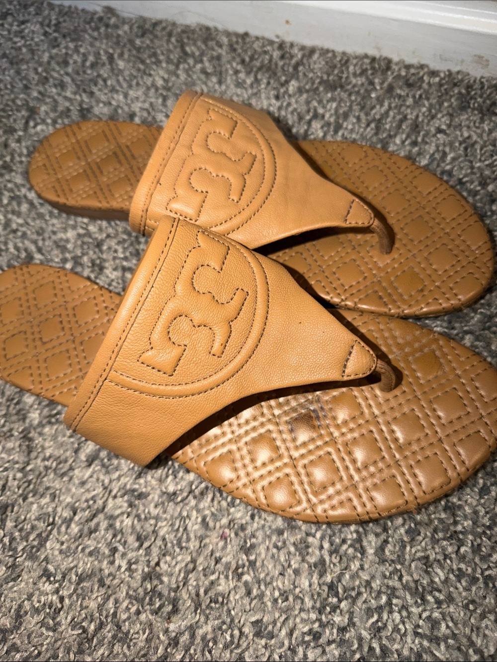 Tory Burch Tan Quilted Leather Thong Sandals